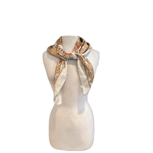 Unknown Accessories - Vintage Floral Paisley Silk blend  Square Scarf Ivory & Gold Autumn Pattern